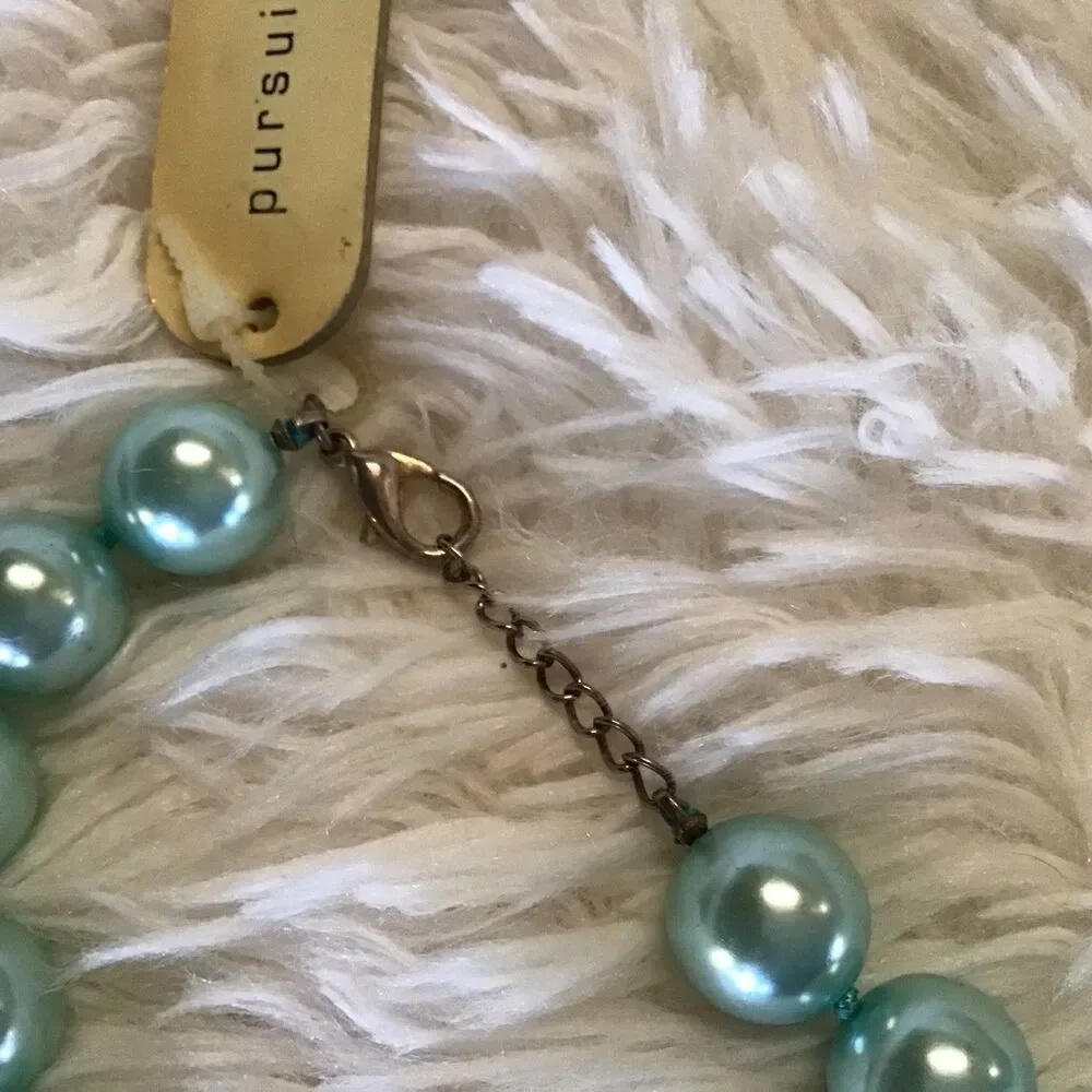 Pursuits Faux Large Teal Blue Green Pearl Necklace Lobster Hand Knot 18” NWT
